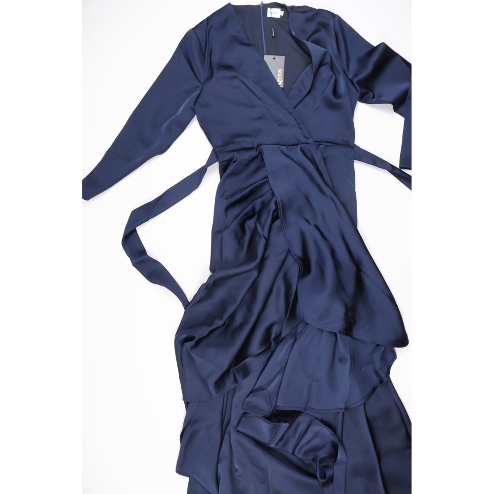 NOYIUS Satin Wrap Tiered Ruffle Maxi Dress Navy Blue S NWT